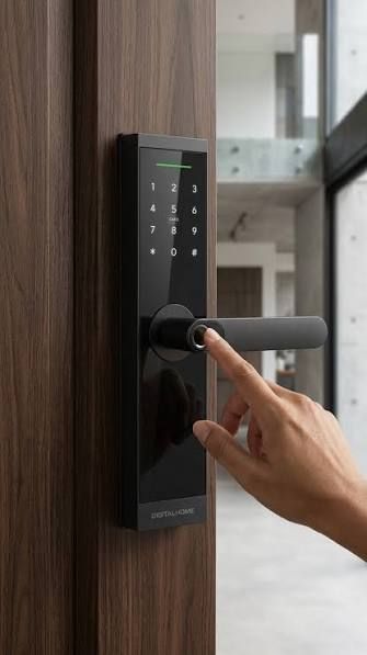 Black smart door lock with backlit numeric keypad and fingerprint sensor on the lever handle