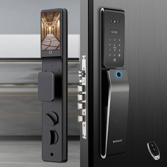 Interior video screen panel and exterior keypad panel of a black smart lock with remote fob
